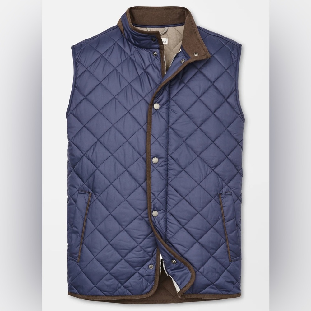 Peter Millar Vest Classic Essex Quilted Traveler Navy Blue and Brown Trim Men’s - Picture 6 of 16